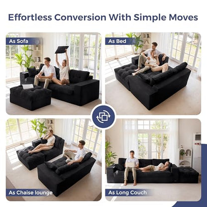 MAXYOYO Boneless Couch, 104-Inch L-Shaped Cloud Couch with Ottoman | Black Upholstered Sofa Features Layered Cushions and Flexible Modules with No Assembly, Ideal for Modern Living Rooms. - color: Black, size: 104" L Shape