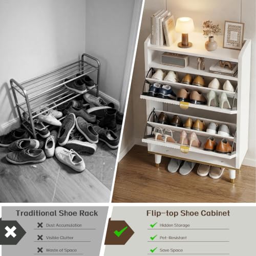 Shoe Storage Cabinet with 2 Flip Drawers & Open Shelves | Fluted Panel, Hidden Storage, Modern, Freestanding, Wooden, Narrow Shoe Cabinet for Entryway Small Room Apartment, White