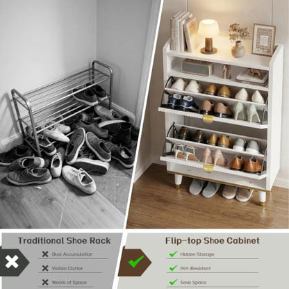 Shoe Storage Cabinet with 2 Flip Drawers & Open Shelves | Fluted Panel, Hidden Storage, Modern, Freestanding, Wooden, Narrow Shoe Cabinet for Entryway Small Room Apartment, White