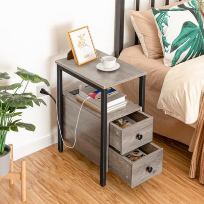 HOOBRO End Table with Charging Station, Narrow Side Table with 2 Drawers & USB Ports & Power Outlets, Nightstand for Small Spaces, Bedroom, Living Room, Stable and Sturdy, Greige and Black BG541BZ01 - color: Greige + Black