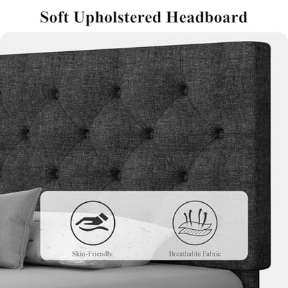 HOMBCK Twin Size Bed Frame with Adjustable Headboard, Linen Fabric Upholstered Bed Frame with Wood Slats, Twin Bed Frames for Kids, Button Tufted Design, No Box Spring Needed, Dark Grey - color: Dark Grey, size: Twin