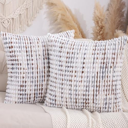LUOYEHK Boho Throw Pillow Covers 22x22 Inch Set of 2 Chenille Tufted Pillowcase Farmhouse Neutral Cushion Covers for Couch Sofa Bed Living Room, Brown White - color: Brown White, size: 22" x 22" (Pack of 2)