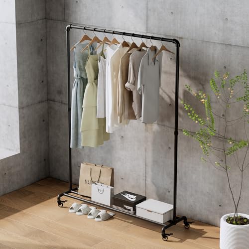 Industrial Pipe Clothing Rack with Wheels,Rolling Garment Rack with Bottom Shelf, Sturdy Metal Clothes Rack for Hanging Clothes Heavy Duty,Black Mobile Wardrobe Rack for Bedroom & Boutique