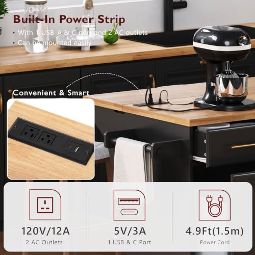 Kitchen Island with Trash Can Storage & Pull-Out Trays | Solid Rubberwood Countertop Kitchen Island on Wheels, Drop Leaf, Power Outlet, 3 Drawers - color: Black