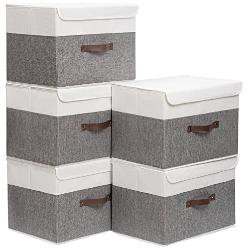 Yawinhe Collapsible Storage Bins,White/Grey,13.0x9.0x7.9in,5-Pack | Fabric Storage Box with Lids, Washable Cube Organizer Basket; Fabric Container with Leather Handle,Closet Organizer for Home - color: White/Grey, size: M/(5 Pack)