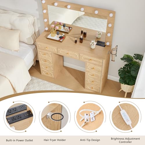 Fluted Vanity Desk with Mirror and Lights, Power Outlets, Modern Wood Vanity Desk Makeup Table with 11 Drawers, 3 Color Modes Dressing Table with Storage for Bedroom, Living Room, Natural - style: Natural