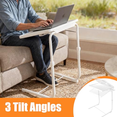 Adjustable TV Tray Tables Set of 2, Folding with Cup Holders, White | 6 height settings and 3 tilt angles for dining, reading or laptop use; portable fold-flat design suits couches and recliners