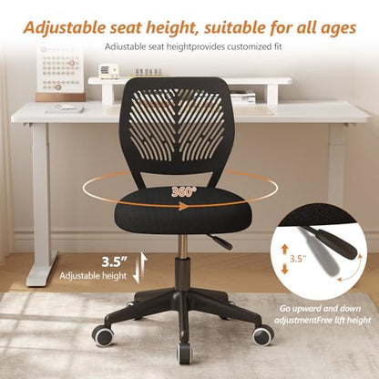 JPBSTO Armless Desk Chair, Height Adjustable Swivel Office Rolling Task Chairs with Soft Mesh Padded Cushion, Ergonomic Small Study Computer Chair for Girls Boys Teens, Black - color: All Black