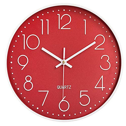 12 in Wall Clock Non-Ticking Quartz Silent Battery Operated Round Clocks Home Kitchen Office School Living Room Decor Clocks (Red) - color: Red