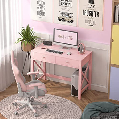 WiberWi Home Office Desk with Drawers, Modern Writing Computer Desk for Bedroom, Small Makeup Vanity Table Study Table for Home Office,Pink - color: Pink
