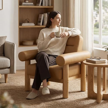 HNY 1-Pack Mid-Century Faux Leather Barrel Chair, Light Brown | Comfy Round Upholstered Armchair, Solid Wood Frame With Open Back, Lounge Side Club Chair for Living Room, Bedroom, Office - color: Light Brown, size: 1