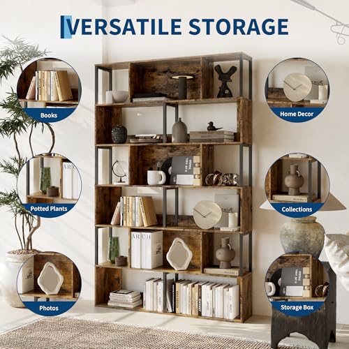 IDEALHOUSE 6-Tier Bookshelf, Tall Geometric Bookcase, Modern Room Divider & Display Shelf with Anti-Tipping Devices, Mid Century Bookshelf for Living Room - color: Brown