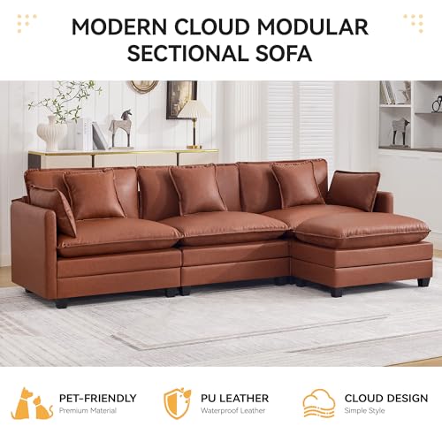 111'' Sectional Cloud Deep Seat Couch, Modern Comfy Leather L Shaped Sectional Sofa for Living Room Set, Upholstered Modular 4-Seats Sofa Couch with 1 Movable Ottoman, Leather Brown - color: Pu-dark Brown, size: 111'' L Shape
