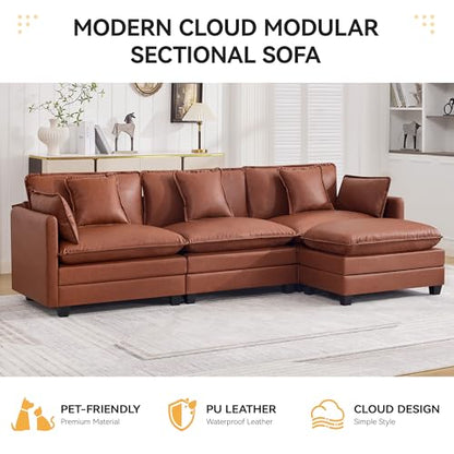 111'' Sectional Cloud Deep Seat Couch, Modern Comfy Leather L Shaped Sectional Sofa for Living Room Set, Upholstered Modular 4-Seats Sofa Couch with 1 Movable Ottoman, Leather Brown - color: Pu-dark Brown, size: 111'' L Shape