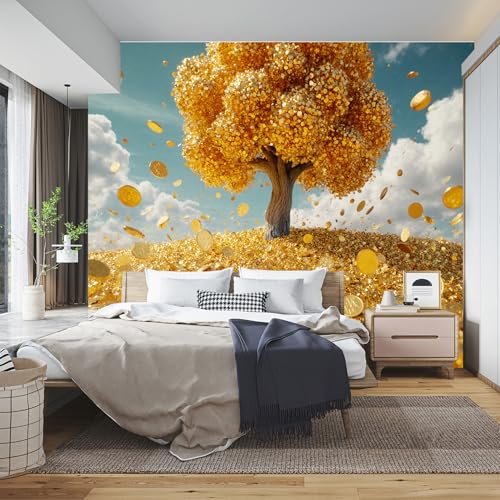 Custom Size Wall Sticker Mural，Golden Tree Money Coins Falling Sky，Removable SelfAdhesive Wall Fabric Large Photo Wallpaper for Living Room Bedroom