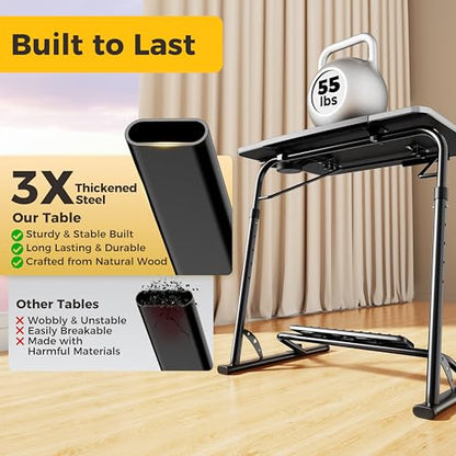 Upgraded Folding TV Tray Table, Sturdy Couch & Dinner Laptop Table | Adjustable Height & Angle Portable Desk for Eating, Work & Recliner; Includes Footrest, Cup Holder, iPad Holder, Edge Stopper - color: (Black) - Dark Wood Mahogany