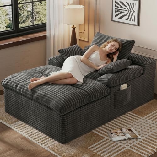 66" Oversized Chaise Lounge Chair Indoor, Modern Upholstered Deep Seat Sofa Bed, Sleeper Couch Reading Chairs, Comfy Corduroy Cloud Sofas Couches for Living Room, No Assembly, Dark Gray - color: Dark Gray, size: 66"