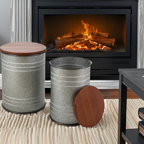 Glitzhome Rustic End Table Set of 2, Farmhouse Galvanized Metal Barrel Ottoman Storage Stool with Round Wood Lid for Living Room Furniture, Grey - color: Grey