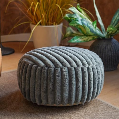 Round Unstuffed Pouf Ottoman Cover Storage Foot Rest, Gray | Cover Only, 20x20x8 In, Soft Short Plush, Ribbed Texture, Modern Style, Living Room, Bedroom, Reading Nook - color: Gray B