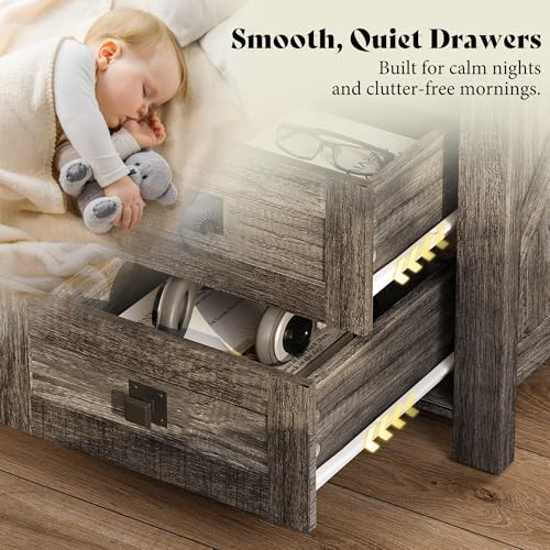 AMERLIFE Farmhouse Wood Nightstand Set of 2, End Table with Drawers, Grey | Narrow/Small 18" Bedside Table with Open Shelf, Wooden Night Stand for Bedroom/Home Office, Rustic Grey Oak - color: Rustic Grey
