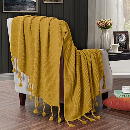 RUDONG M Knitted Throw Blanket with Fringe, Mustard Yellow Knit Throw Blanket for Couch Bed Sofa 50 x 60 Inch - color: Mustard Yellow, size: Throw(50" x 60")