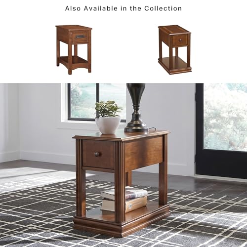 Signature Design by Ashley Breegin Narrow Chairside End Table | Rich dark brown wood veneers, Deep storage drawer with removable PVC tray, Compact 13-inch width fits tight spaces - color: Medium Brown