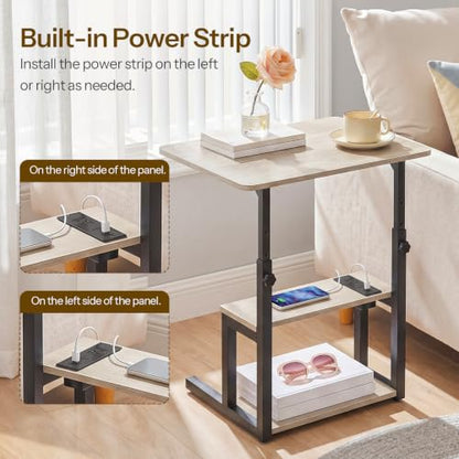 HOOBRO C-Shaped End Table, Adjustable Height Side Table with Power Strip | Couch Table with 20.5"L x 15"W Spacious Desktop, TV Tray Table with Storage Shelves for Living Room, Sofa, Chair, Greige - color: Greige + Black