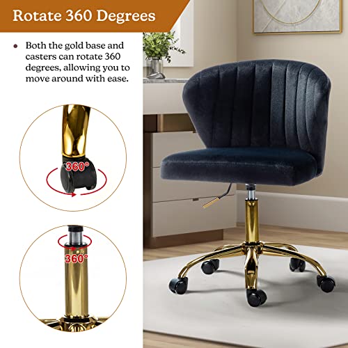TINA'S HOME Office Desk Chairs with Wheels & Gold Base, Modern Velvet Cute Armless Office Chair, Adjustable Low Back Swivel Rolling Chair, Upholstered Task Chair for Living Room Vanity Study-Black | Modern Velvet Cute Armless Office Chair, Adjustable Low