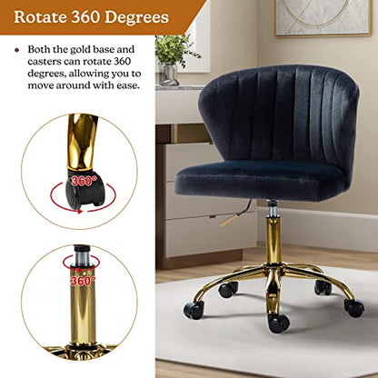 TINA'S HOME Office Desk Chairs with Wheels & Gold Base, Modern Velvet Cute Armless Office Chair, Adjustable Low Back Swivel Rolling Chair, Upholstered Task Chair for Living Room Vanity Study-Black | Modern Velvet Cute Armless Office Chair, Adjustable Low