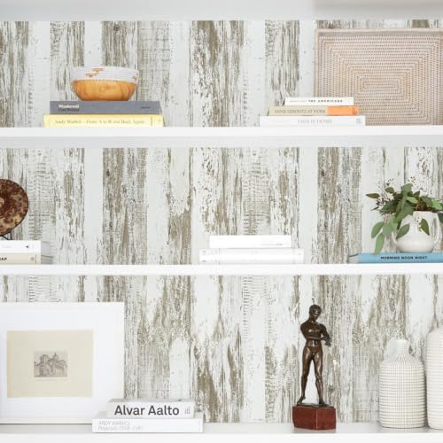 WENMER White and Brown Rustic Wood Grain Wallpaper, 17.3" x 157", Peel and Stick, Waterproof, Multi-Surface Use - size: 197" x 17.3"