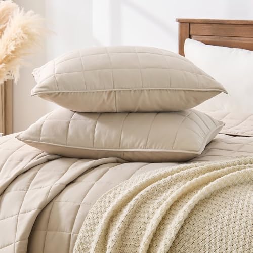 EMME Quilts Twin Size Bedding Sets, Beige Bedspread Soft Pre-Washed Quilt Winter Bed Sets, 2 Piece Cozy Reversible Microfiber Bed Coverlet with Pillow Sham (Square Pattern,66"x90") - color: 03-beige (Squares Pattern), size: Twin/Twin XL(66" x 90")