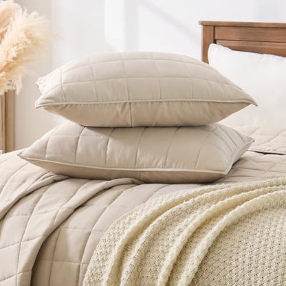EMME Quilts Queen Size Bedding Sets, Beige Bedspread Soft Lightweight Pre-Washed Bed Set, 3 Piece Cozy Reversible Microfiber Bed Coverlet with Pillow Sham(Square Pattern,90"x90") - color: 03-beige (Squares Pattern), size: Full/Queen(90" x 90")