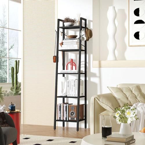 YMYNY 5 Tiers Ladder Bookcase, Industrial Narrow Bookshelf, Open Display Rack with 4 S Hooks, Metal Storage Shelves for Bedroom, Home Office, Living Room, Black, 63H*13.4L*11.8W, UHBC025B - color: Black, size: 5 Tiers