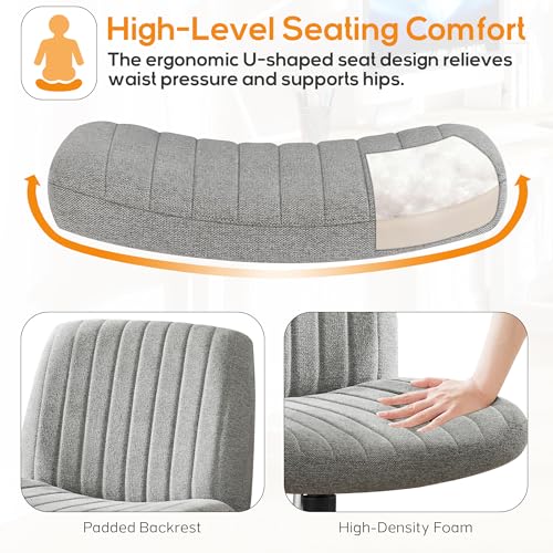 DUMOS Criss Cross Chair No Wheels Legged Office Wide Comfy Desk Vanity Chair, Armless Computer Task Seating, Swivel Home Height Adjustable for Bedroom, Study, Grey Fabric - color: Grey Fabric