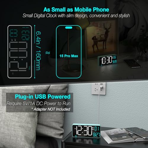 Digital Alarm Clock for Bedroom, 6.7in Desk Clock LED, Auto Dimming, Room Temperature, Day of The Week, Date, Seconds, Clocks for Living Room, Alarm Clocks for Bedrooms - color: Blue (White + Blue Digits)