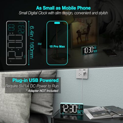 Digital Alarm Clock for Bedroom, 6.7in Desk Clock LED, Auto Dimming, Room Temperature, Day of The Week, Date, Seconds, Clocks for Living Room, Alarm Clocks for Bedrooms - color: Blue (White + Blue Digits)