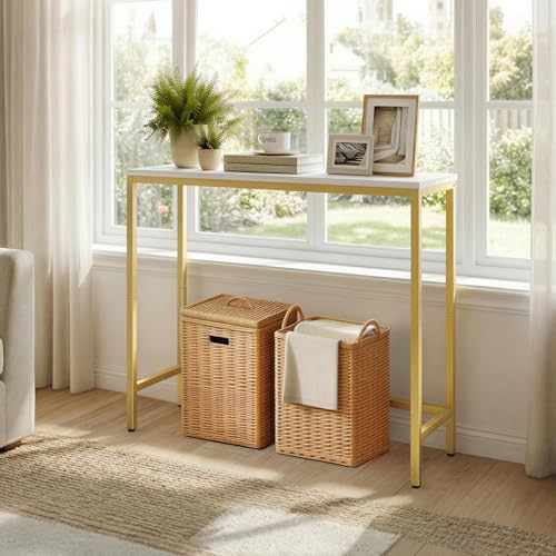 HOOBRO Narrow Console Table, 29.5" Small Entryway Table, Thin Sofa Table, Side Table, Display Table, for Hallway, Bedroom, Living Room, Foyer, White and Gold DW75XG01 - color: White + Gold