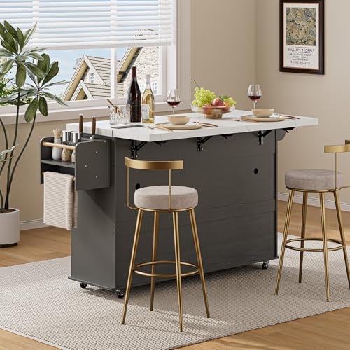 60" Kitchen Island with Power Outlet & Drop Leaf, Rolling Island with Spice Rack & Towel Rack, Kitchen Island Cart with Trash Storage Cabinet, Island Table for Kitchen, Grey+Imitation Marble - color: Grey+imitation Marble