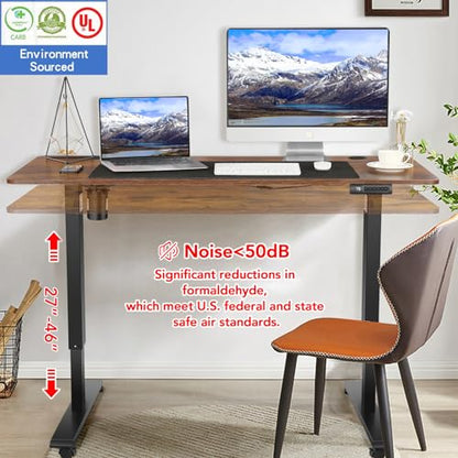 Electric Standing Desk with Wheels, 63'' x 24'' Standing Desk Adjustable Height with Charging Station, 2 USB Ports, 3 Power Outlets, 4 Caster, 27''-46'' Lifting Range Stand up Desk(Brown) - color: Brown, size: 63 x 24''