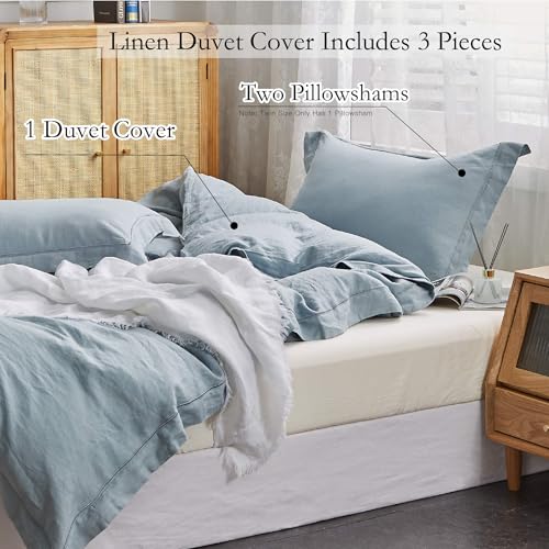 Simple&Opulence 100% Washed Linen Duvet Cover Set with Embroidered,3 Pieces Soft Farmhouse Comforter Set with Button Closure,1 Duvet Cover and 2 Pillowshams(Queen,Dusty Blue) - color: Embroidery Dusty Blue, size: Queen