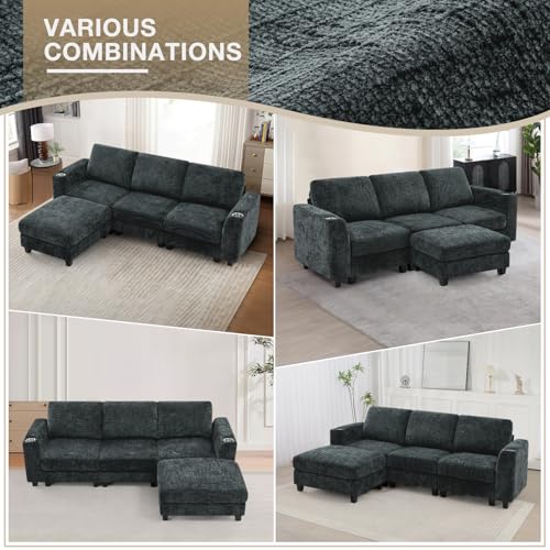 87" Chenille 3 Seater Couch with Soft Ottoman, Grey | L-Shape Sectional Sofa with Durable Cup Holders, Upholstered Sofa with Comfy Backrests for Living Room, House - color: Grey, size: 87" L-Shape