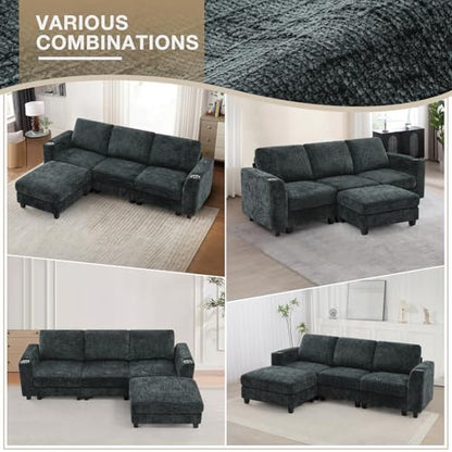 87" Chenille 3 Seater Couch with Soft Ottoman, Grey | L-Shape Sectional Sofa with Durable Cup Holders, Upholstered Sofa with Comfy Backrests for Living Room, House - color: Grey, size: 87" L-Shape