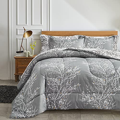 UOZZI BEDDING Bed in a Bag 6 Pieces Twin Size Gray Branches Soft Microfiber Reversible Bed Comforter Set (1 Comforter 2 Pillow Shams 1 Flat Sheet 1 Fitted Sheet 1 Pillowcases) - color: Gray-branch, size: Twin-6 Pieces