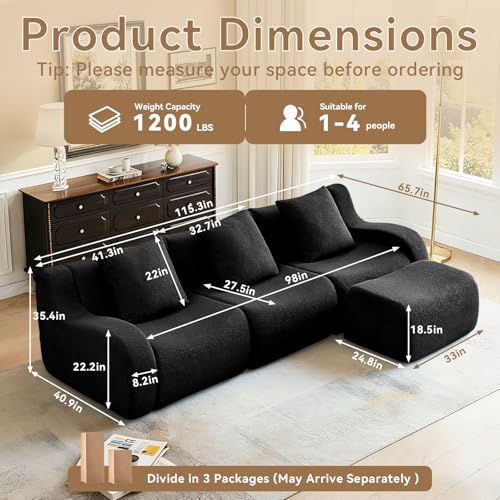 113.5” Sectional Boneless Sofa Couches, 3 Seater L-Shaped, Streamlined Design, No Assembly Modular Teddy Fabric Sofa for Living Room, Bedroom, Apartment, Home Office (Black) - color: Black02, size: 3Seat+1Ottoman
