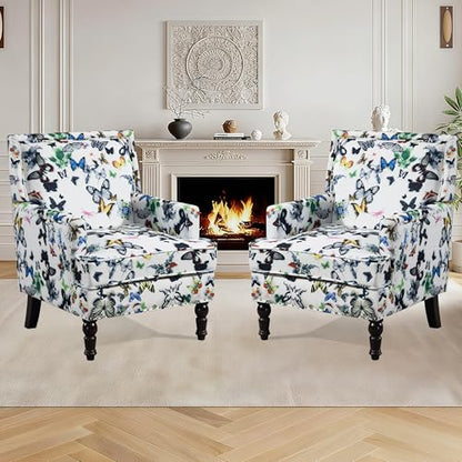 Accent Chair, Modern Comfy Accent Chairs Lounge Arm Chair | Mid-Century Linen Upholstered Wingback with Solid Wood,Single Floral Pattern Sofa Chair for Living Room/Balcony/Bedroom - color: Sackcloth001-butterfly