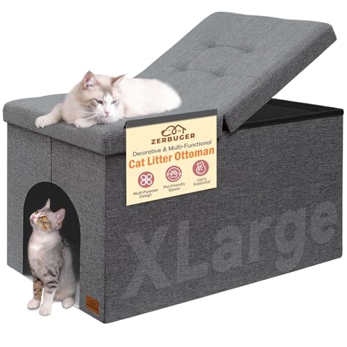 Zerbuger Cat Litter Box Enclosure Furniture for Odor Control | Hidden Cabinet Cats Litter Ottoman With Flip-Up Lid,Cat Litter Box Bench With Storage Space, Dog Proof(Grey, X-Large) - color: Grey, size: X-Large