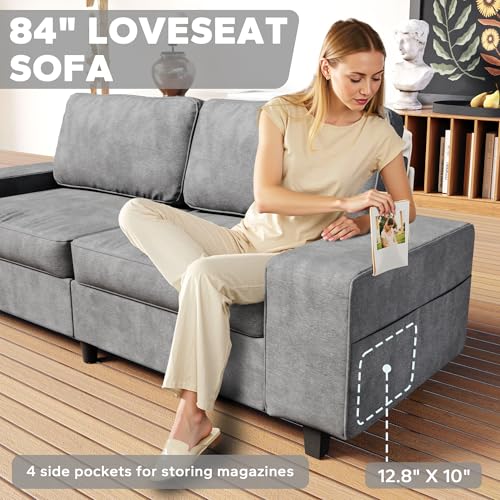 84" Chenille Loveseat Couch, 3 Seater Retro Sofa with 4 Side Pockets, Removable and Washable Cushions, Mid Century Modern, Living Room, Bedroom, Apartment (Light Grey) - color: Light Grey Chenille, size: 84 "
