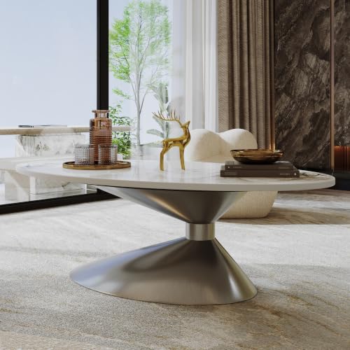 49.2" Oval Marble Coffee Table with Silver Stainless Steel Base, Luxury Sintered Stone Top Center Cocktail Tea Tables for Living Room,Easy Assembly - color: Style 4: Silver Base