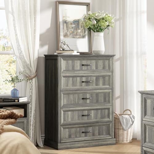 CARPETNAL Farmhouse 5 Drawer Dresser for Bedroom, 44" Tall White Dresser. | Wood Rustic Chest of Drawers with Wide Metal Handle,Drawer Organizer for Bedroom,Living Room,Hallway and Entryway - color: Grey, size: 16"D x 44"W x 31"H (5 Drawers)