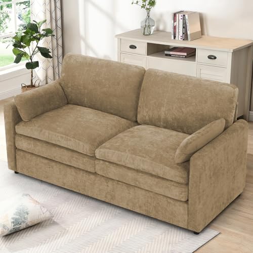 69" Chenille 2 Seats Sofa with 2 Pillows, Camel | Modern Upholstered Sofa with Deeper Seats, Comfy Sofa with Thickened Cushions for Living Room, Apartment - color: Camel, size: Loveseat
